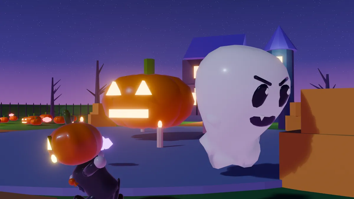 A grinning ghost chasing a trick-or-treater past a haunted house and a field of pumpkins