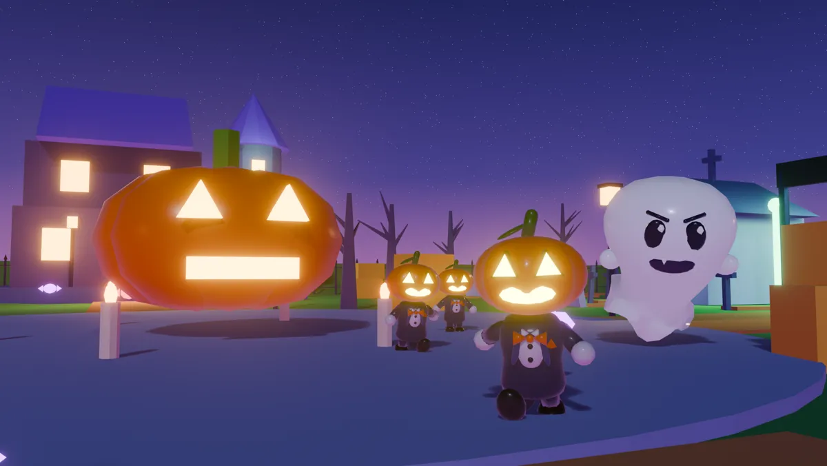 Pumpkin-headed trick-or-treaters running past a giant glowing jack-o'-lantern as a ghost closes in